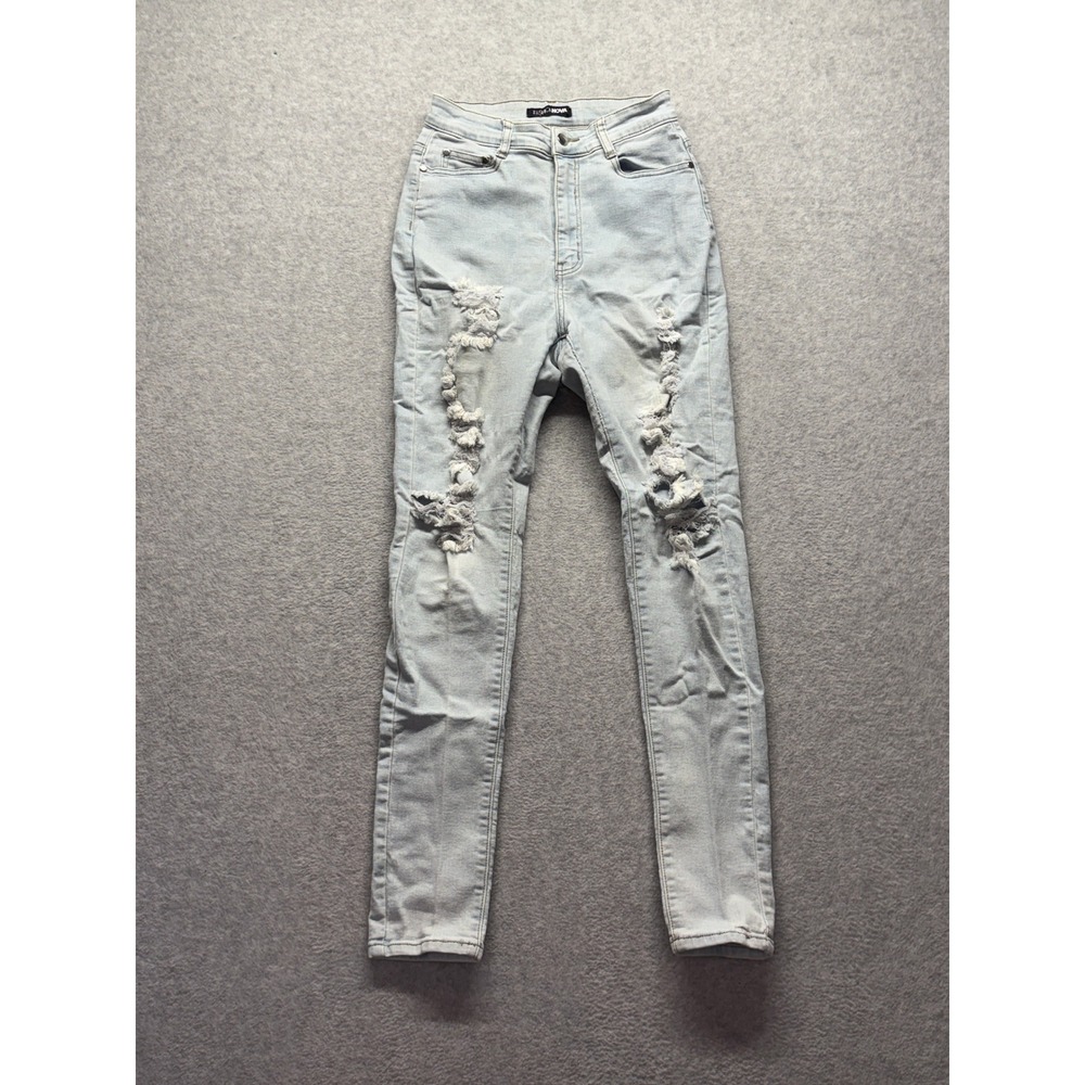 Fashion Nova Womens High Rise Distressed Skinny Jeans Light Wash Blue Size 11/12